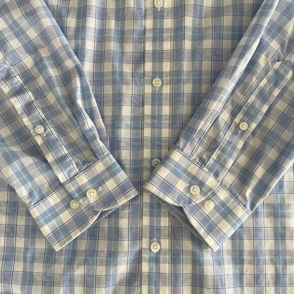 Izod Slim Fit LS Button Down Cotton Poly Plaid Dress Shirt Blue & Wht Sz 17.5 - Picture 3 of 13